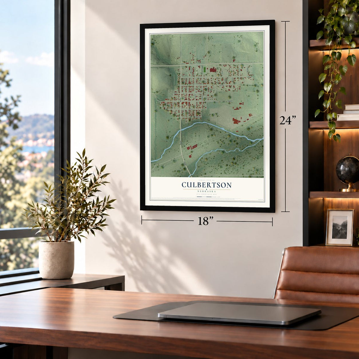 Culbertson, Nebraska map, 18 x 24 inch print in a black frame in a home office