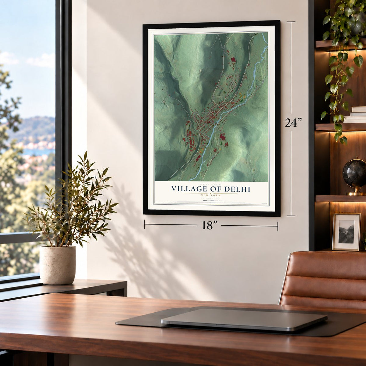 Village of Delhi, New York map, 18 x 24 inch print in a black frame in a home office