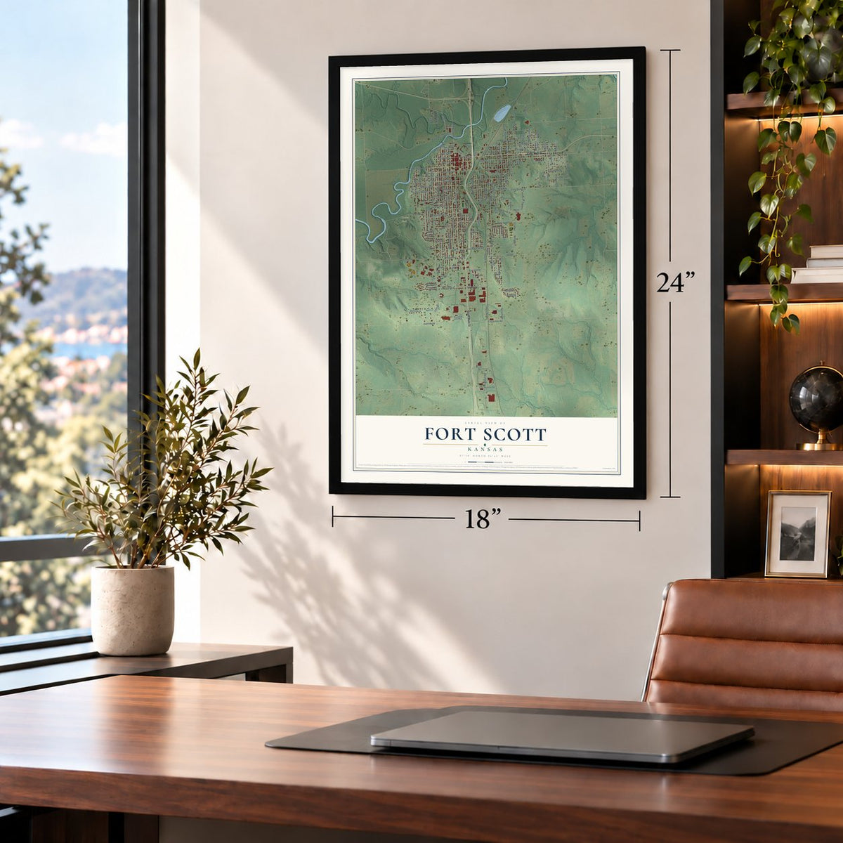 Fort Scott, Kansas map, 18 x 24 inch print in a black frame in a home office