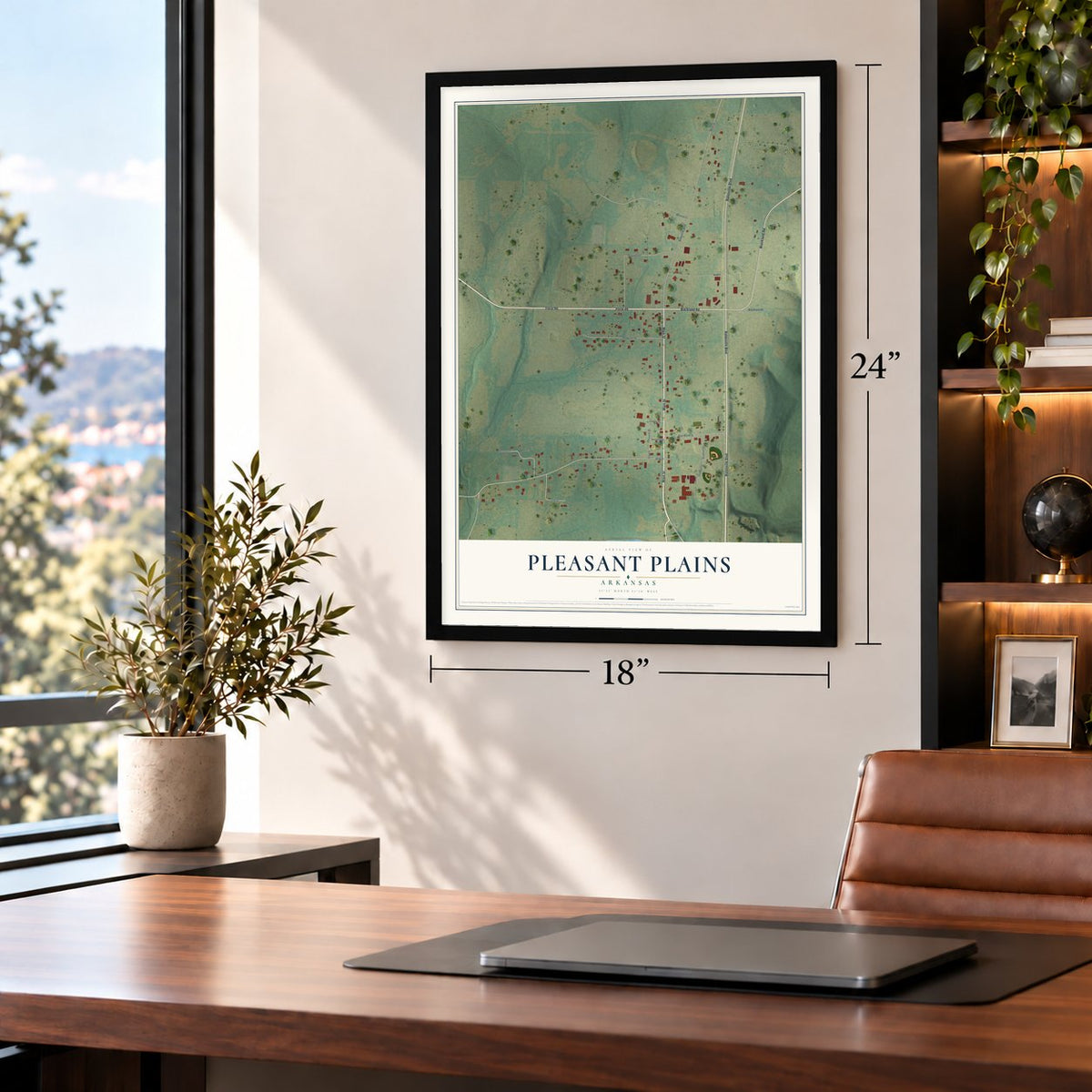 Pleasant Plains, Arkansas map, 18 x 24 inch print in a black frame in a home office