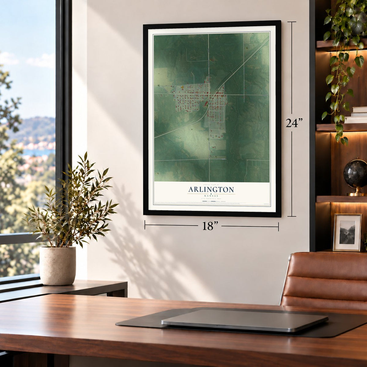 Arlington, Kansas map, 18 x 24 inch print in a black frame in a home office