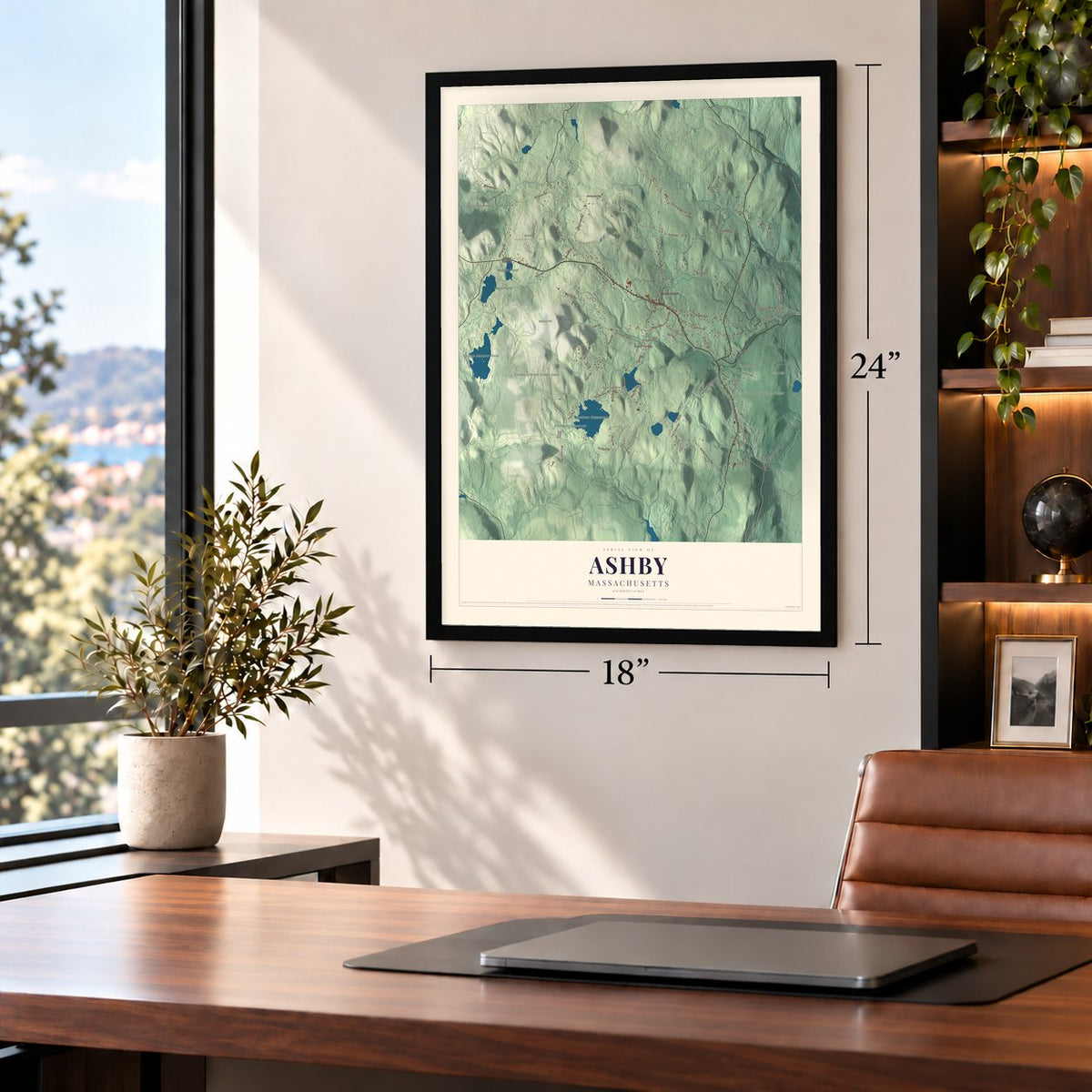 Ashby, Massachusetts map, 18 x 24 inch print in a black frame in a home office