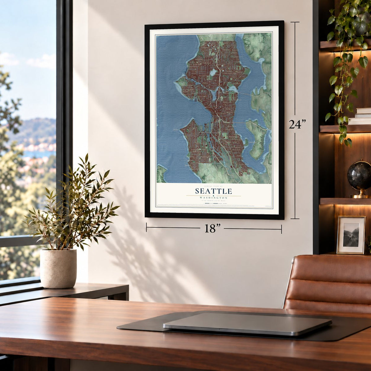 Seattle, Washington map, 18 x 24 inch print in a black frame in a home office