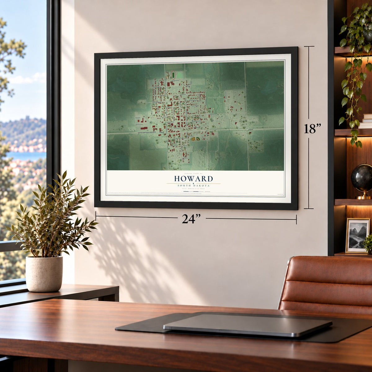 Howard, South Dakota map, 18 x 24 inch print in a black frame in a home office