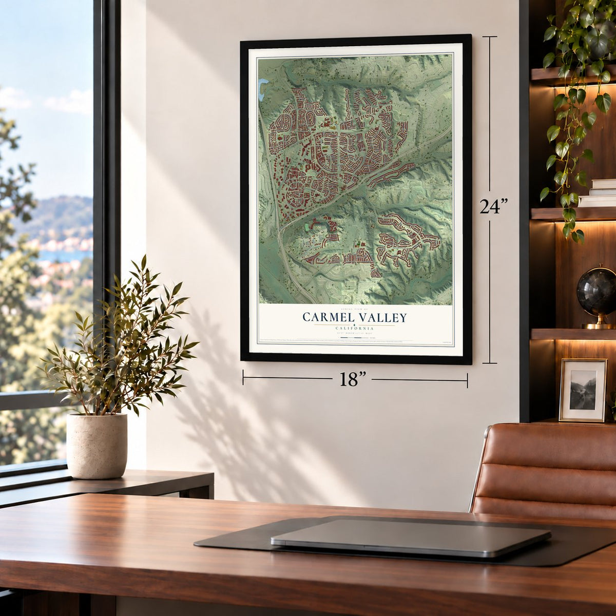 Carmel Valley, California map, 18 x 24 inch print in a black frame in a home office