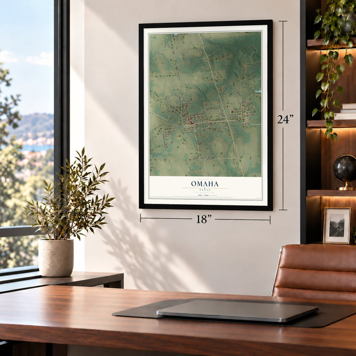 Omaha, Texas map, 18 x 24 inch print in a black frame in a home office