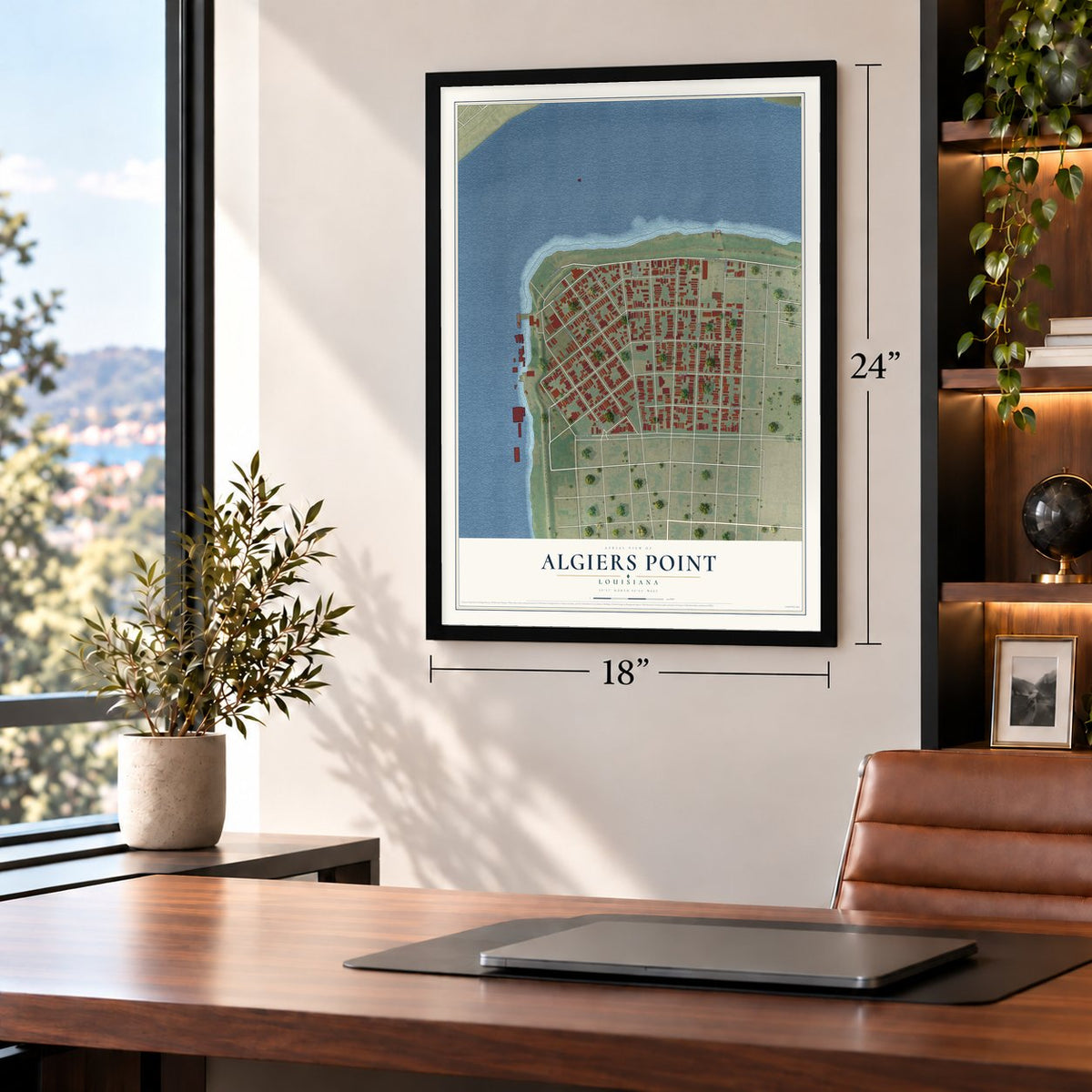 Algiers Point, Louisiana map, 18 x 24 inch print in a black frame in a home office