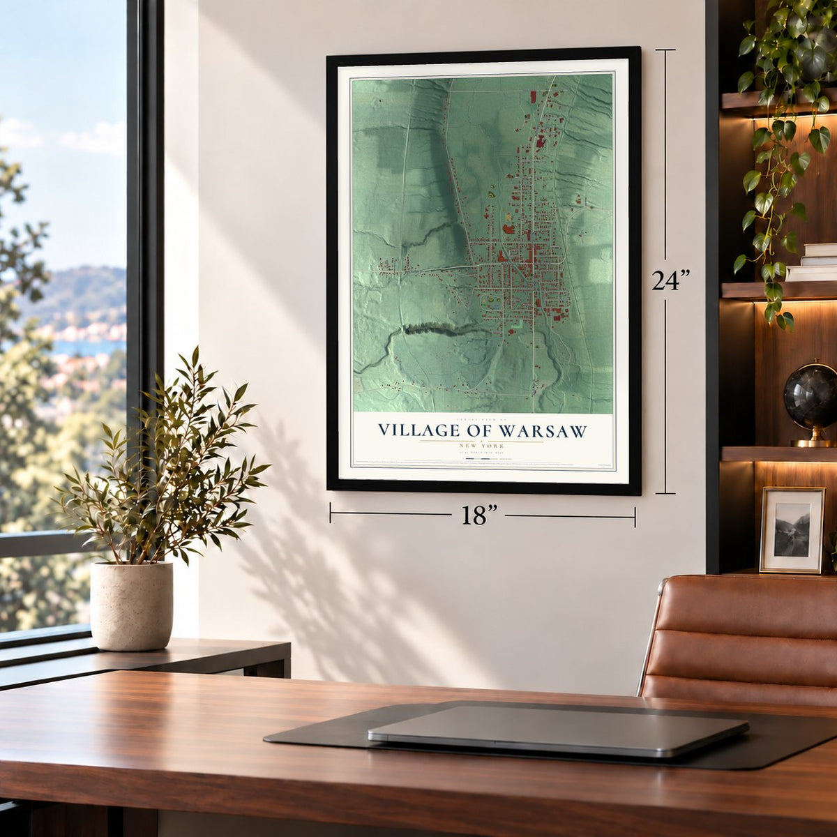 Village of Warsaw, New York map, 18 x 24 inch print in a black frame in a home office