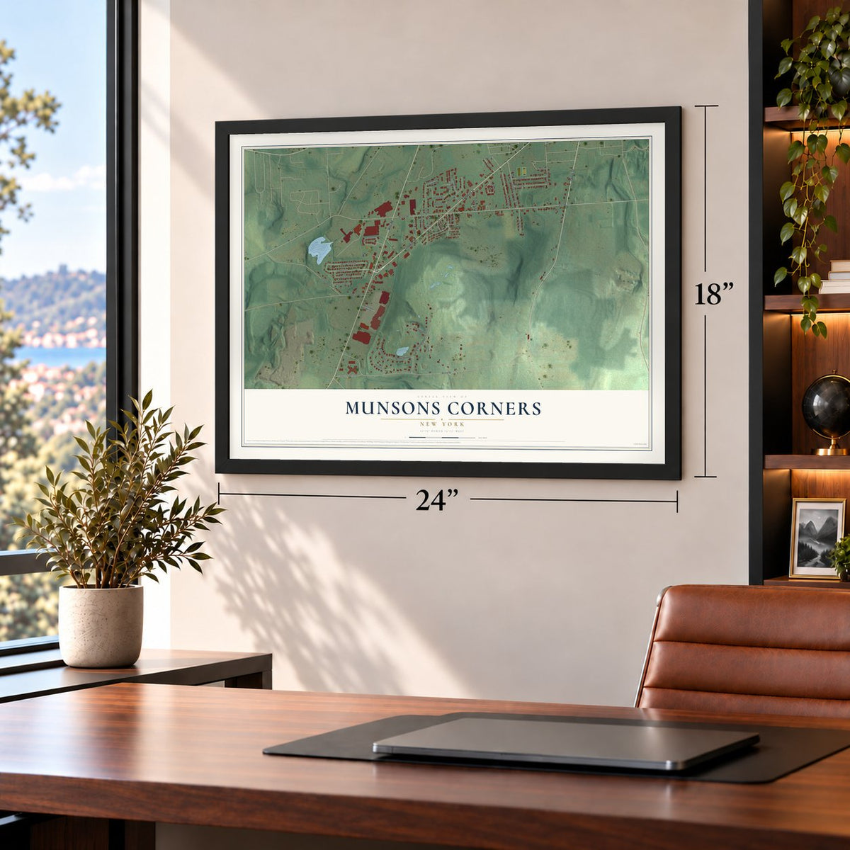 Munsons Corners, New York map, 18 x 24 inch print in a black frame in a home office