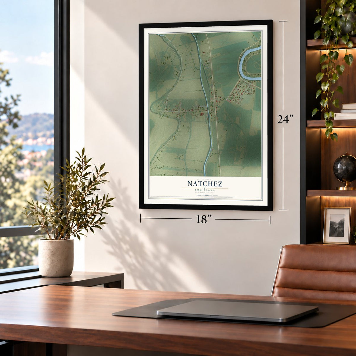 Natchez, Louisiana map, 18 x 24 inch print in a black frame in a home office