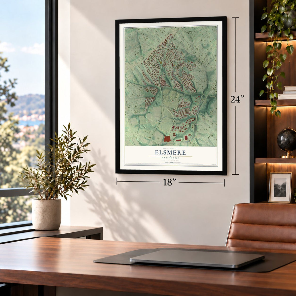 Elsmere, Kentucky map, 18 x 24 inch print in a black frame in a home office
