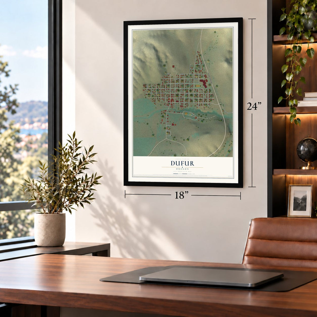 Dufur, Oregon map, 18 x 24 inch print in a black frame in a home office