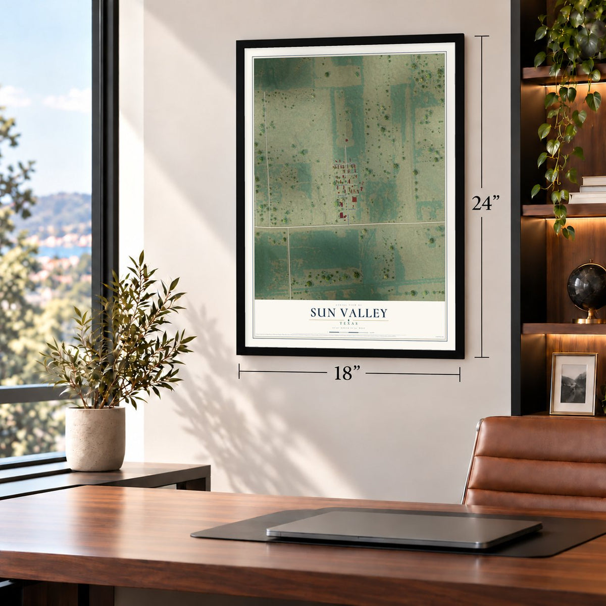 Sun Valley, Texas map, 18 x 24 inch print in a black frame in a home office