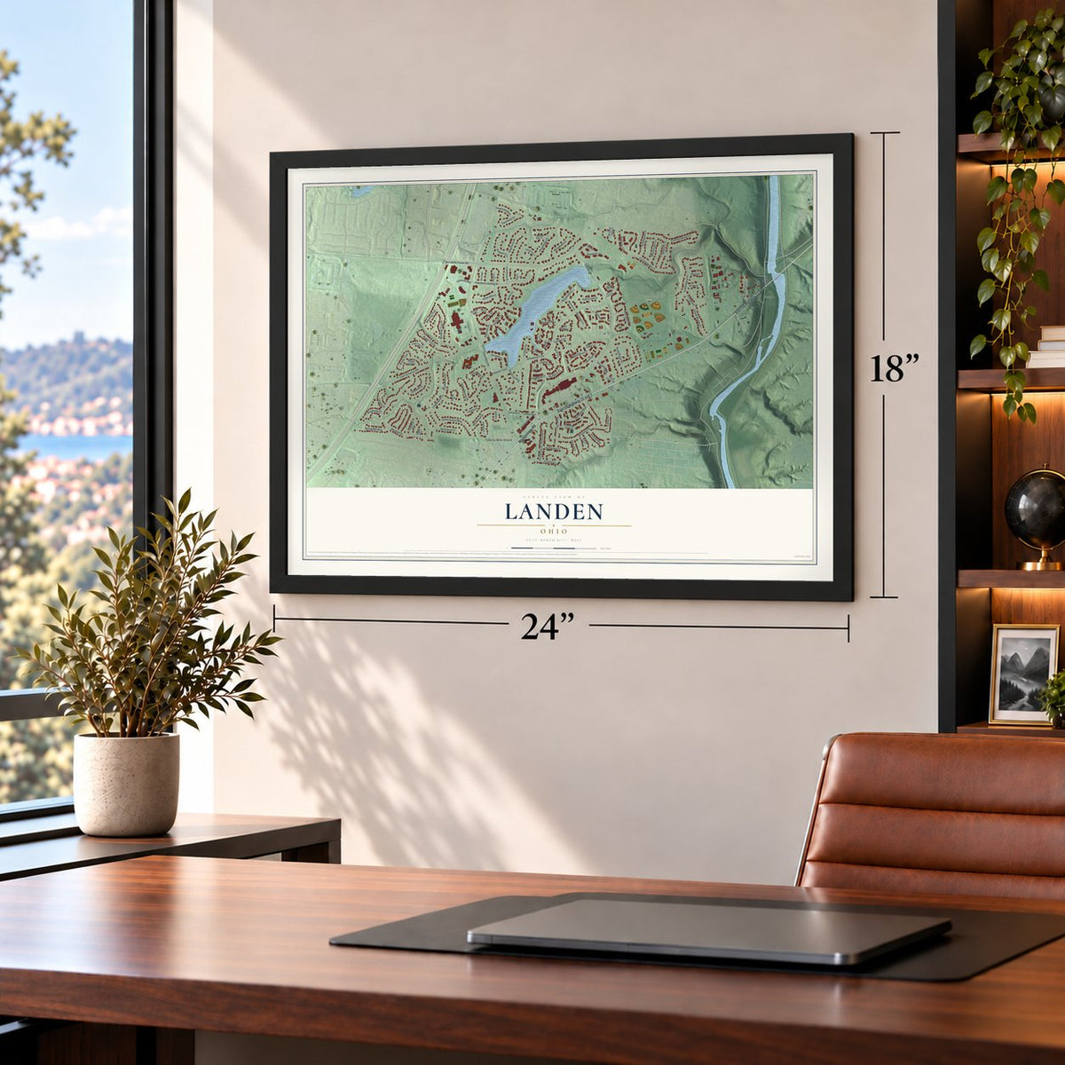 Landen, Ohio map, 18 x 24 inch print in a black frame in a home office