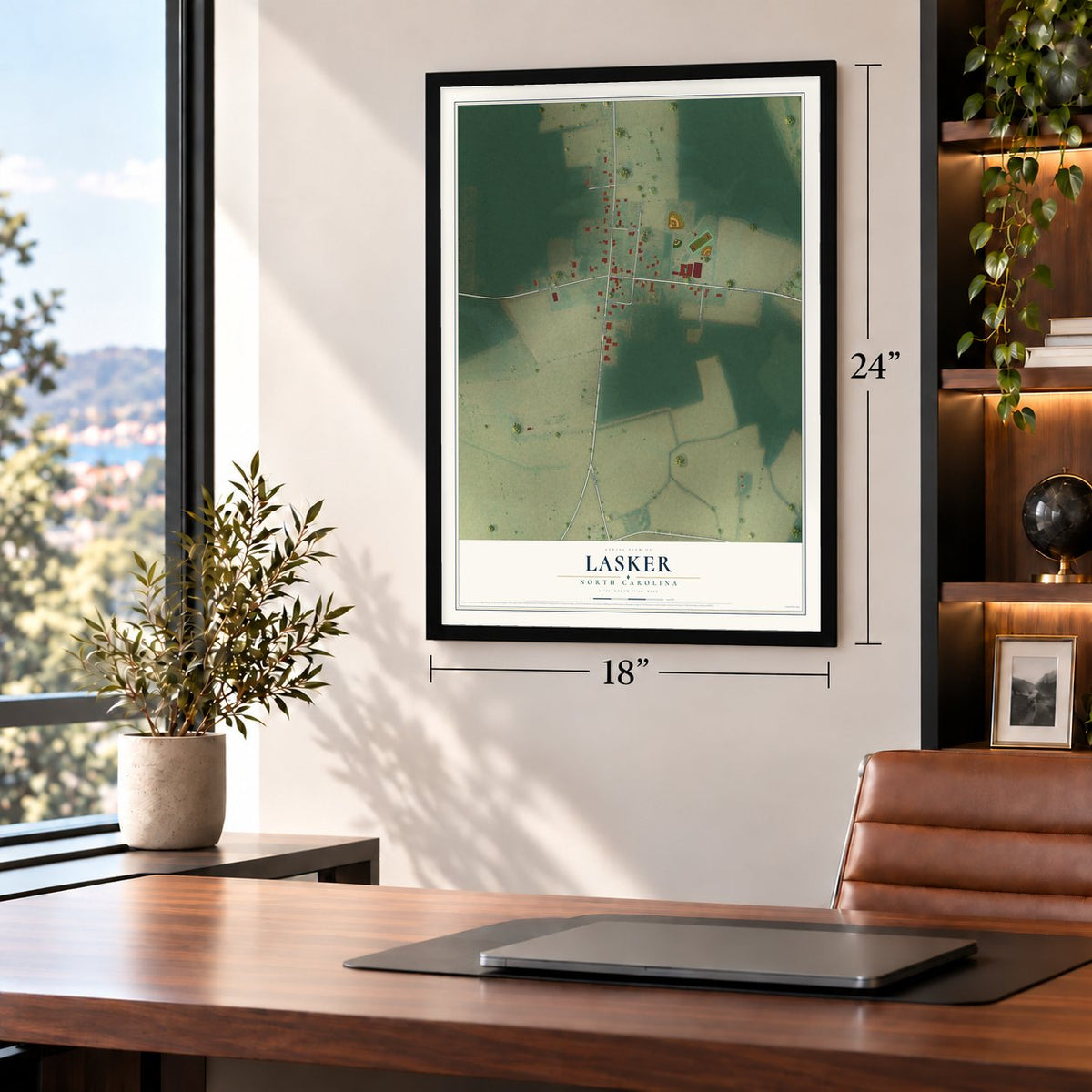 Lasker, North Carolina map, 18 x 24 inch print in a black frame in a home office