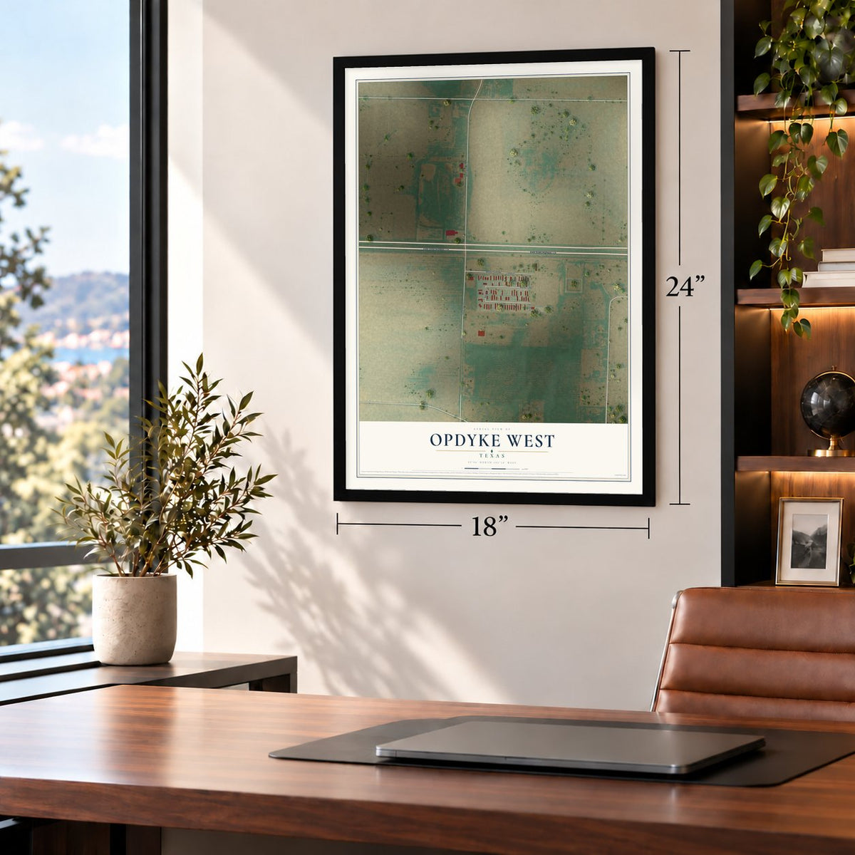 Opdyke West, Texas map, 18 x 24 inch print in a black frame in a home office