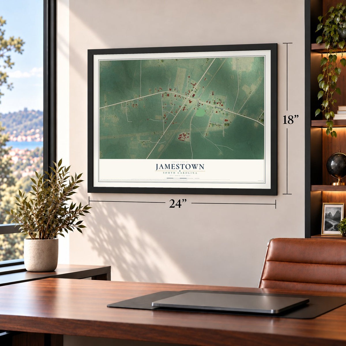 Jamestown, South Carolina map, 18 x 24 inch print in a black frame in a home office