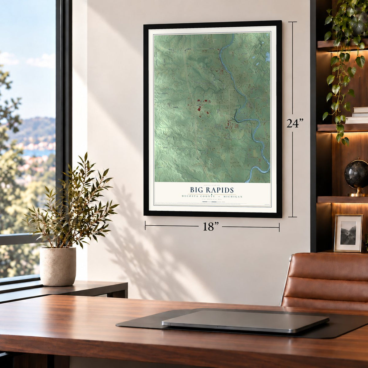 Big Rapids, Mecosta County, Michigan map, 18 x 24 inch print in a black frame in a home office