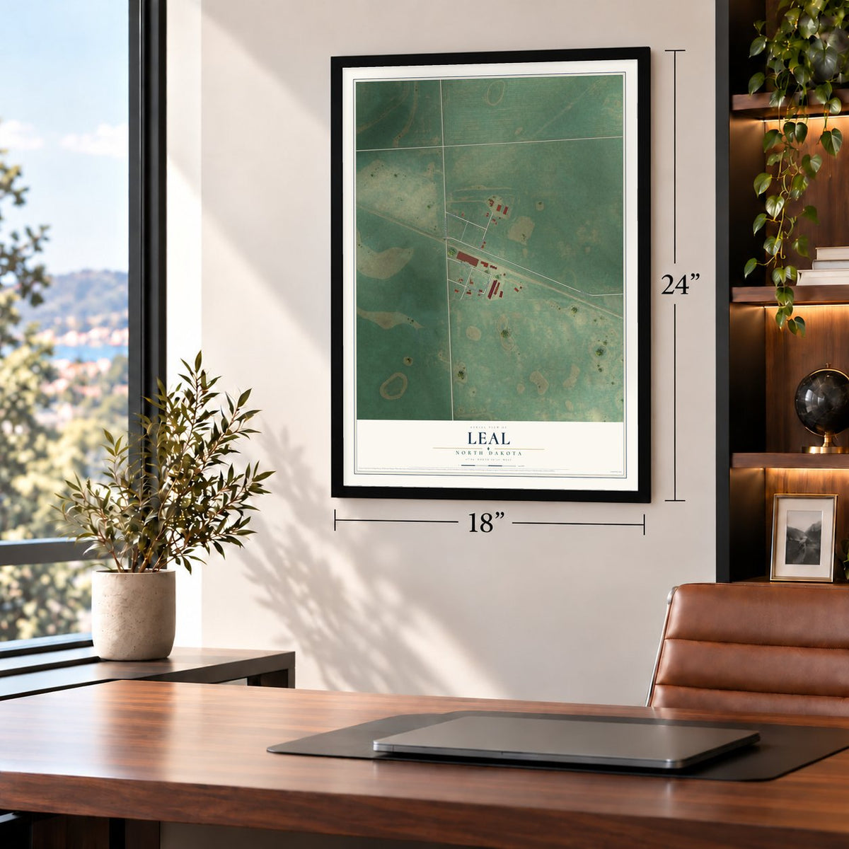 Leal, North Dakota map, 18 x 24 inch print in a black frame in a home office