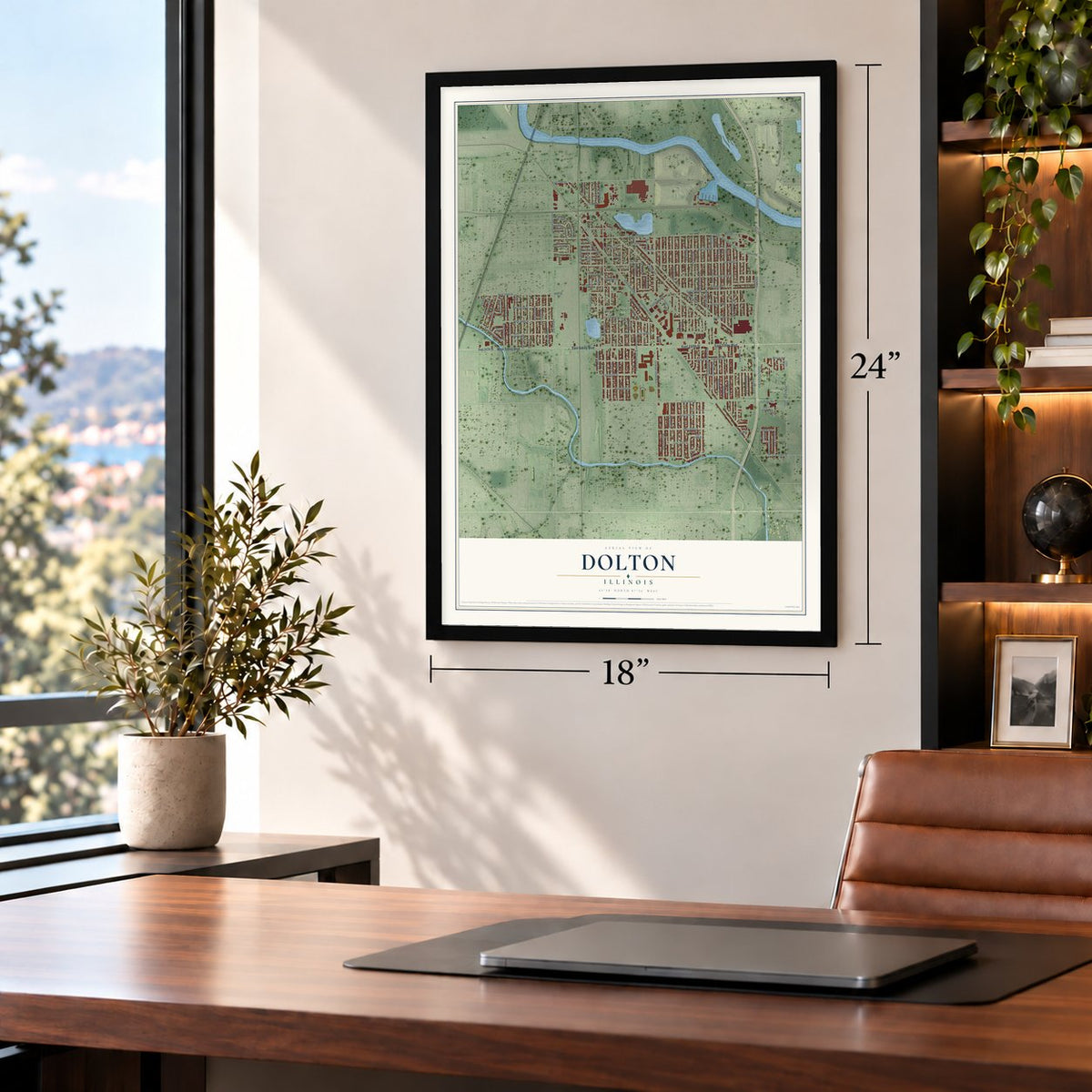 Dolton, Illinois map, 18 x 24 inch print in a black frame in a home office