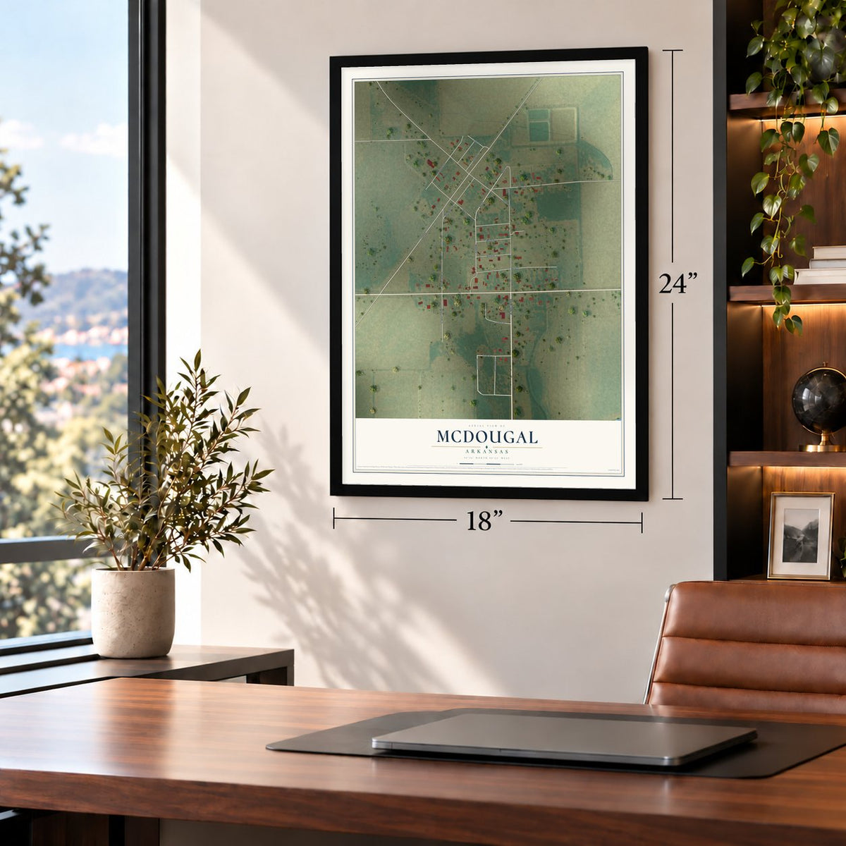 McDougal, Arkansas map, 18 x 24 inch print in a black frame in a home office
