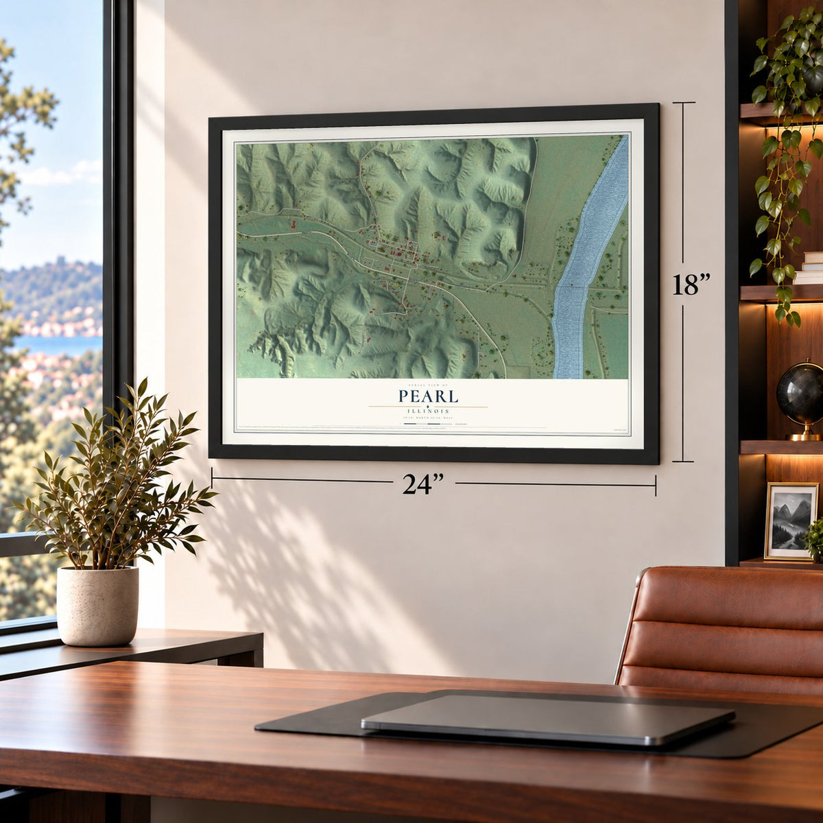 Pearl, Illinois map, 18 x 24 inch print in a black frame in a home office