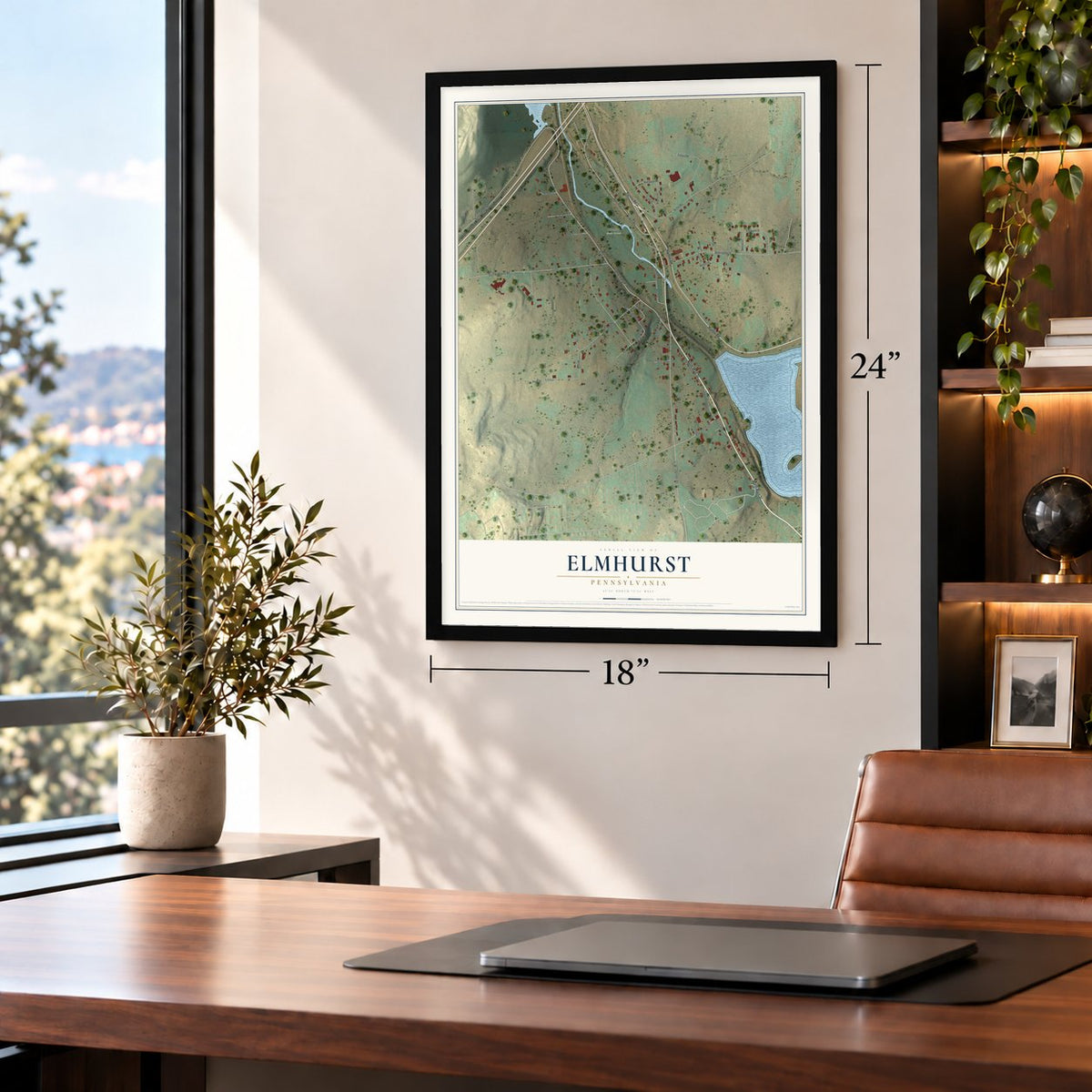Elmhurst, Pennsylvania map, 18 x 24 inch print in a black frame in a home office