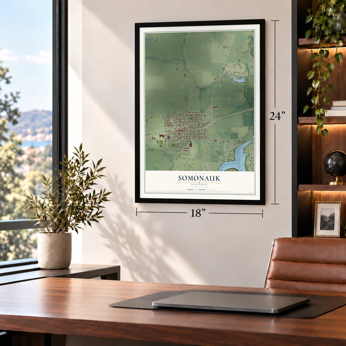 Somonauk, Illinois map, 18 x 24 inch print in a black frame in a home office