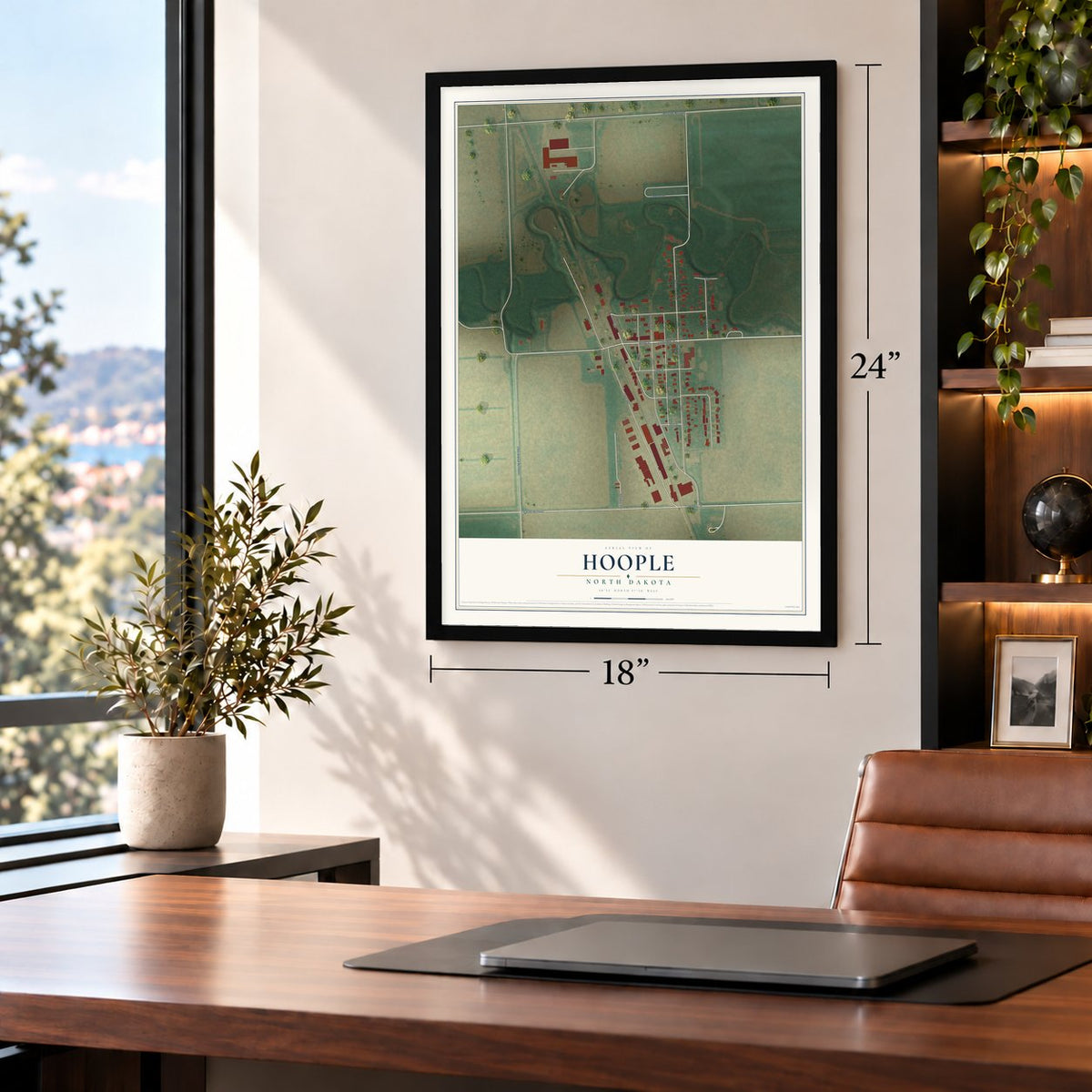 Hoople, North Dakota map, 18 x 24 inch print in a black frame in a home office