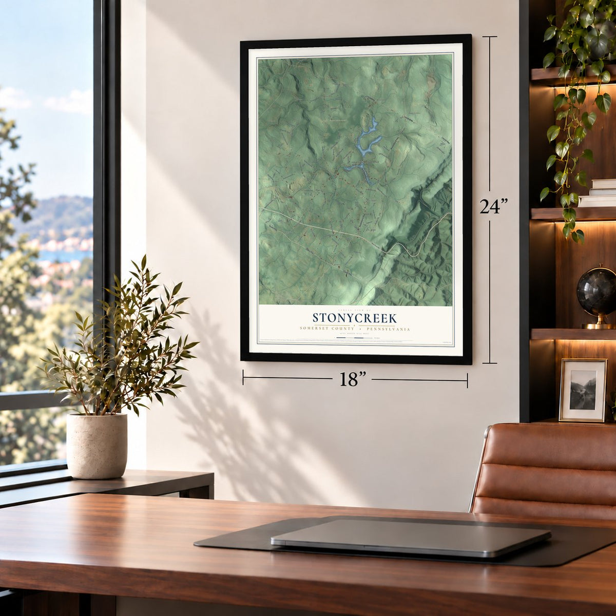 Stonycreek, Somerset County, Pennsylvania map, 18 x 24 inch print in a black frame in a home office