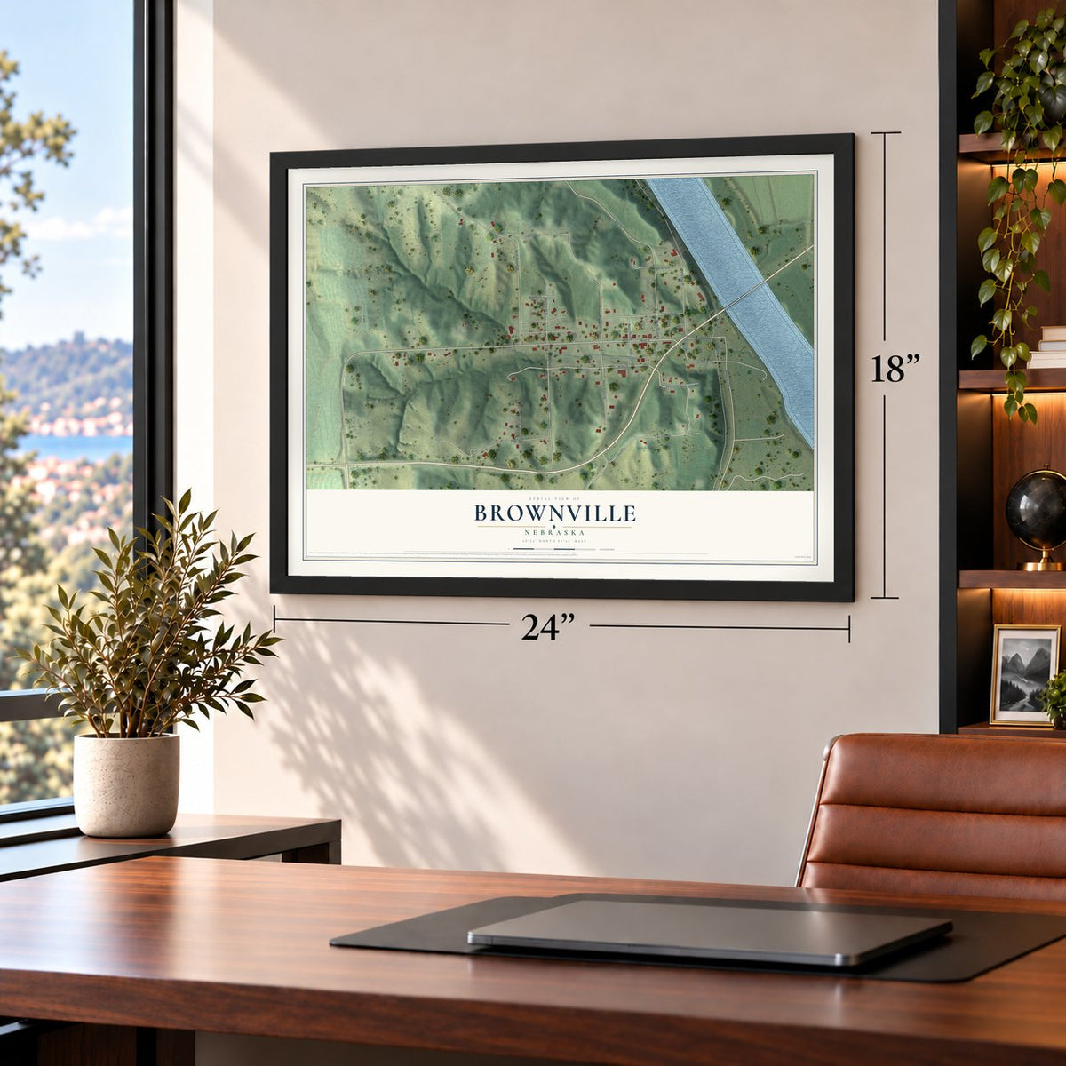 Brownville, Nebraska map, 18 x 24 inch print in a black frame in a home office