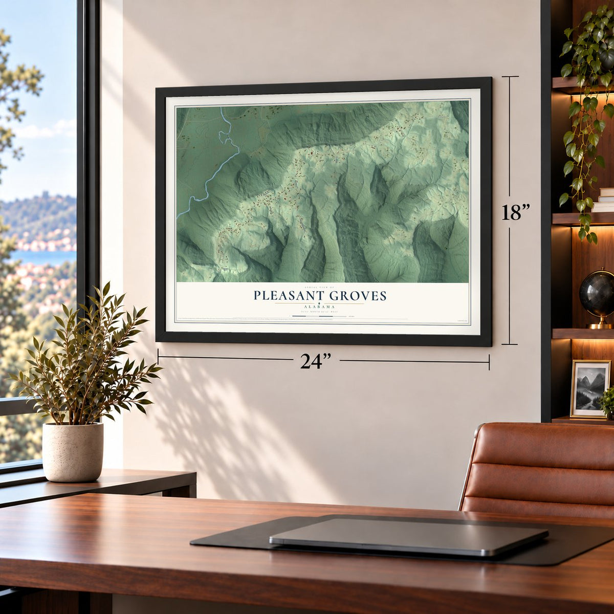 Pleasant Groves, Alabama map, 18 x 24 inch print in a black frame in a home office