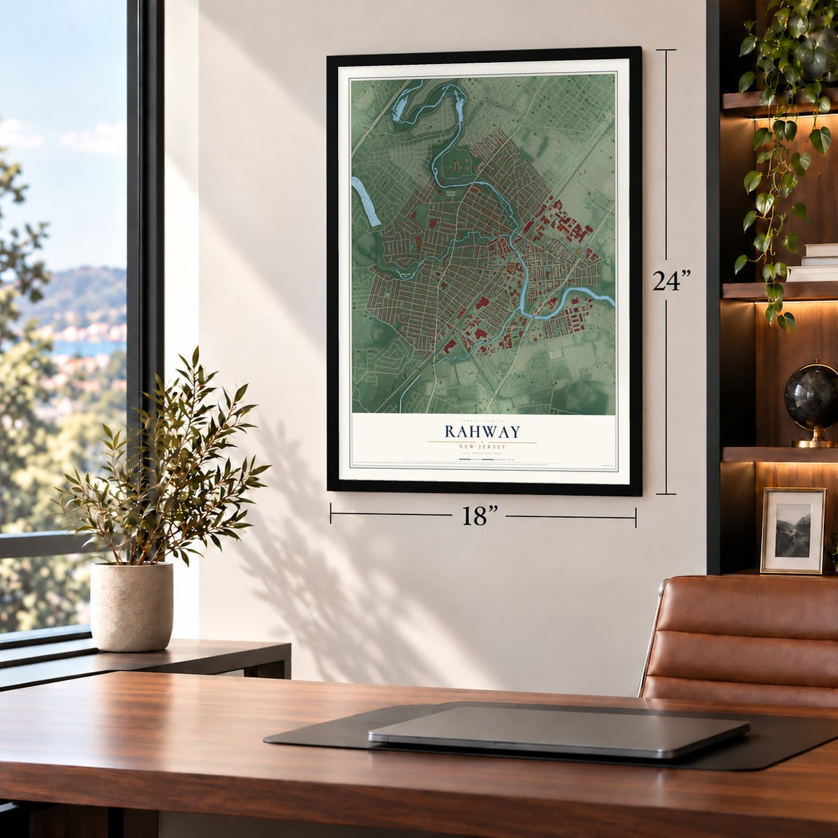 Rahway, New Jersey map, 18 x 24 inch print in a black frame in a home office
