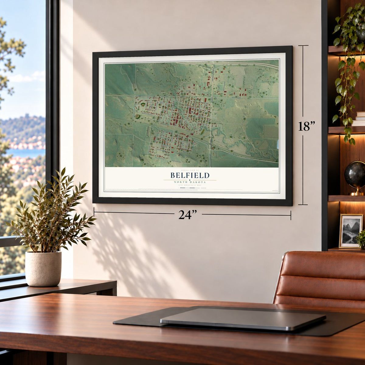 Belfield, North Dakota map, 18 x 24 inch print in a black frame in a home office