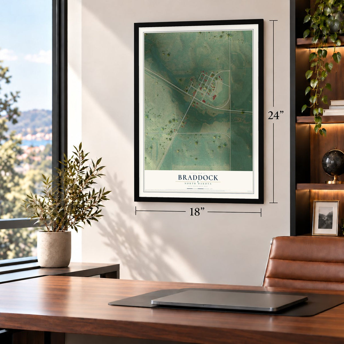 Braddock, North Dakota map, 18 x 24 inch print in a black frame in a home office