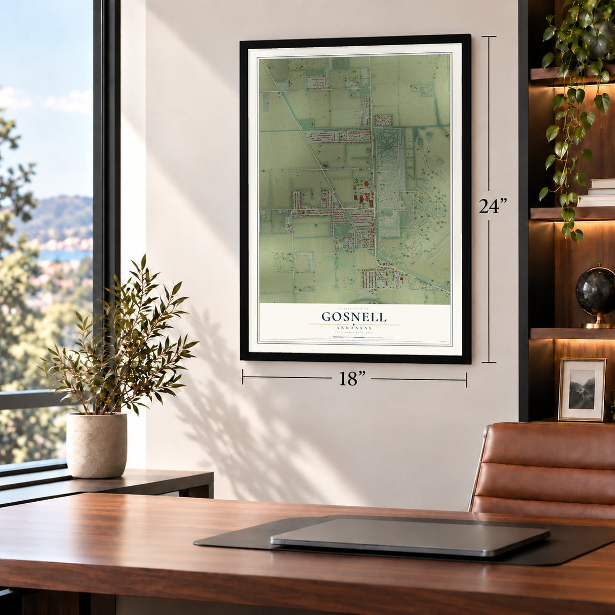 Gosnell, Arkansas map, 18 x 24 inch print in a black frame in a home office