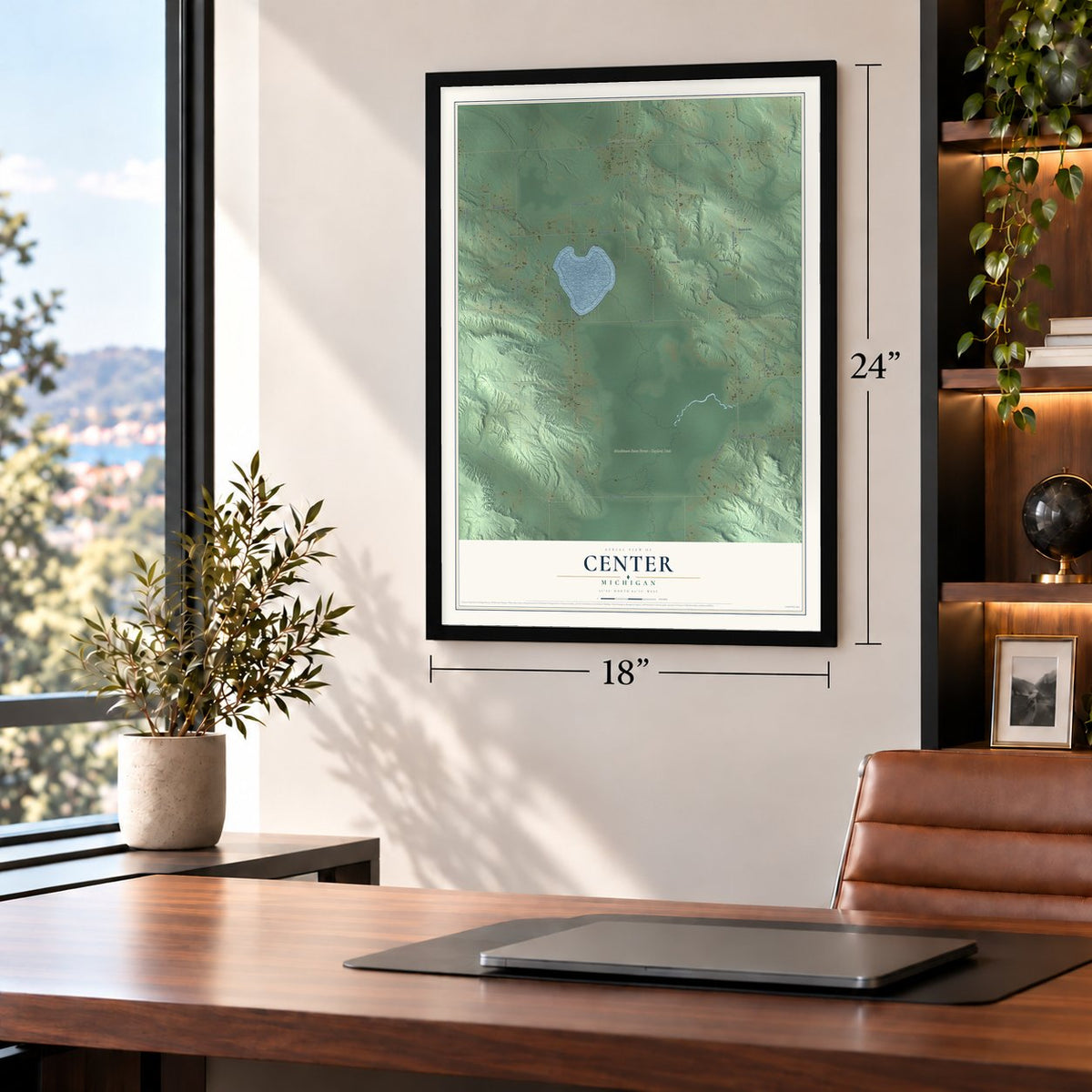 Center, Michigan map, 18 x 24 inch print in a black frame in a home office