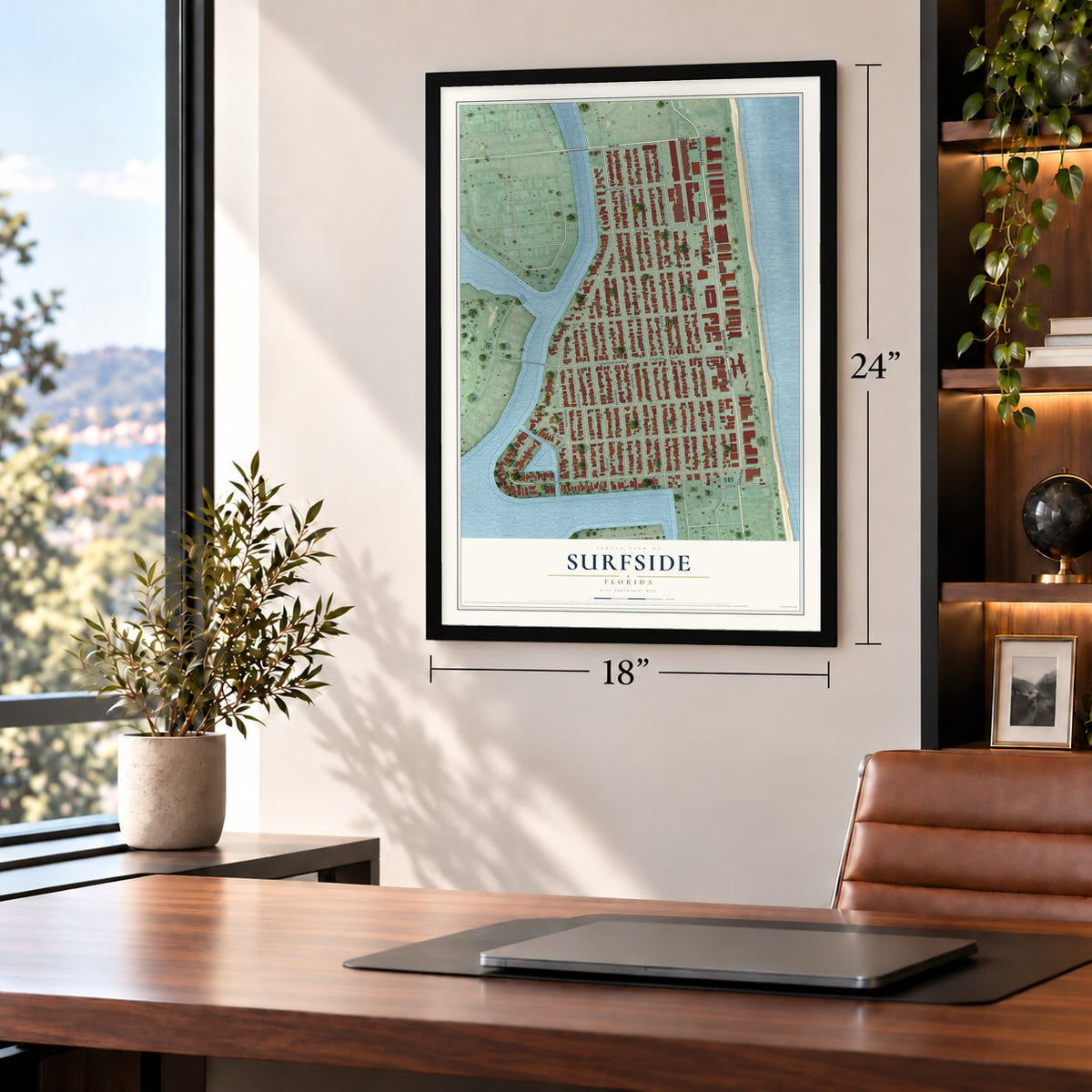 Surfside, Florida map, 18 x 24 inch print in a black frame in a home office