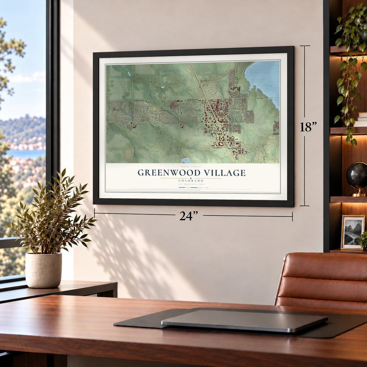Greenwood Village, Colorado map, 18 x 24 inch print in a black frame in a home office