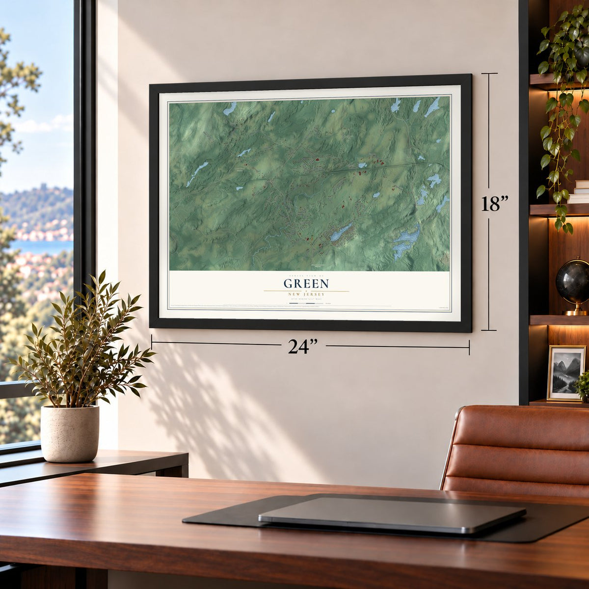 Green, New Jersey map, 18 x 24 inch print in a black frame in a home office