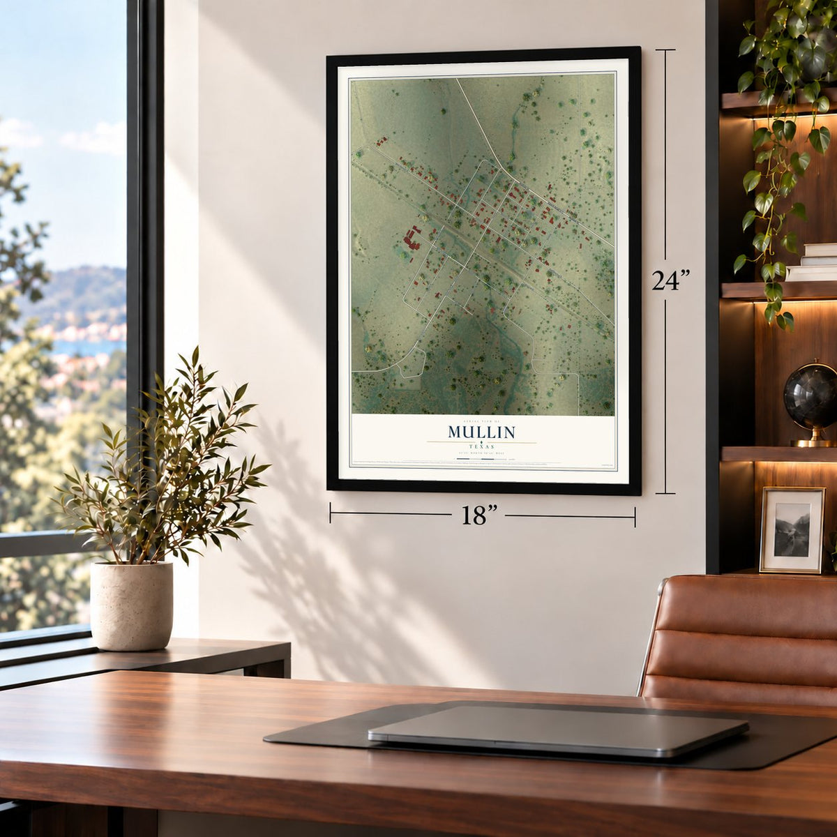 Mullin, Texas map, 18 x 24 inch print in a black frame in a home office