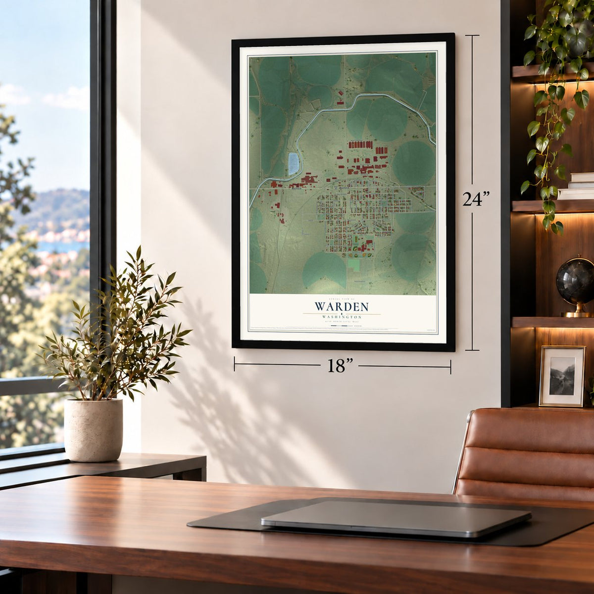 Warden, Washington map, 18 x 24 inch print in a black frame in a home office