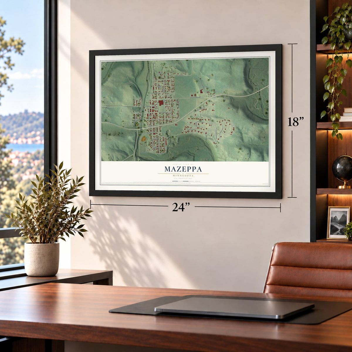 Mazeppa, Minnesota map, 18 x 24 inch print in a black frame in a home office