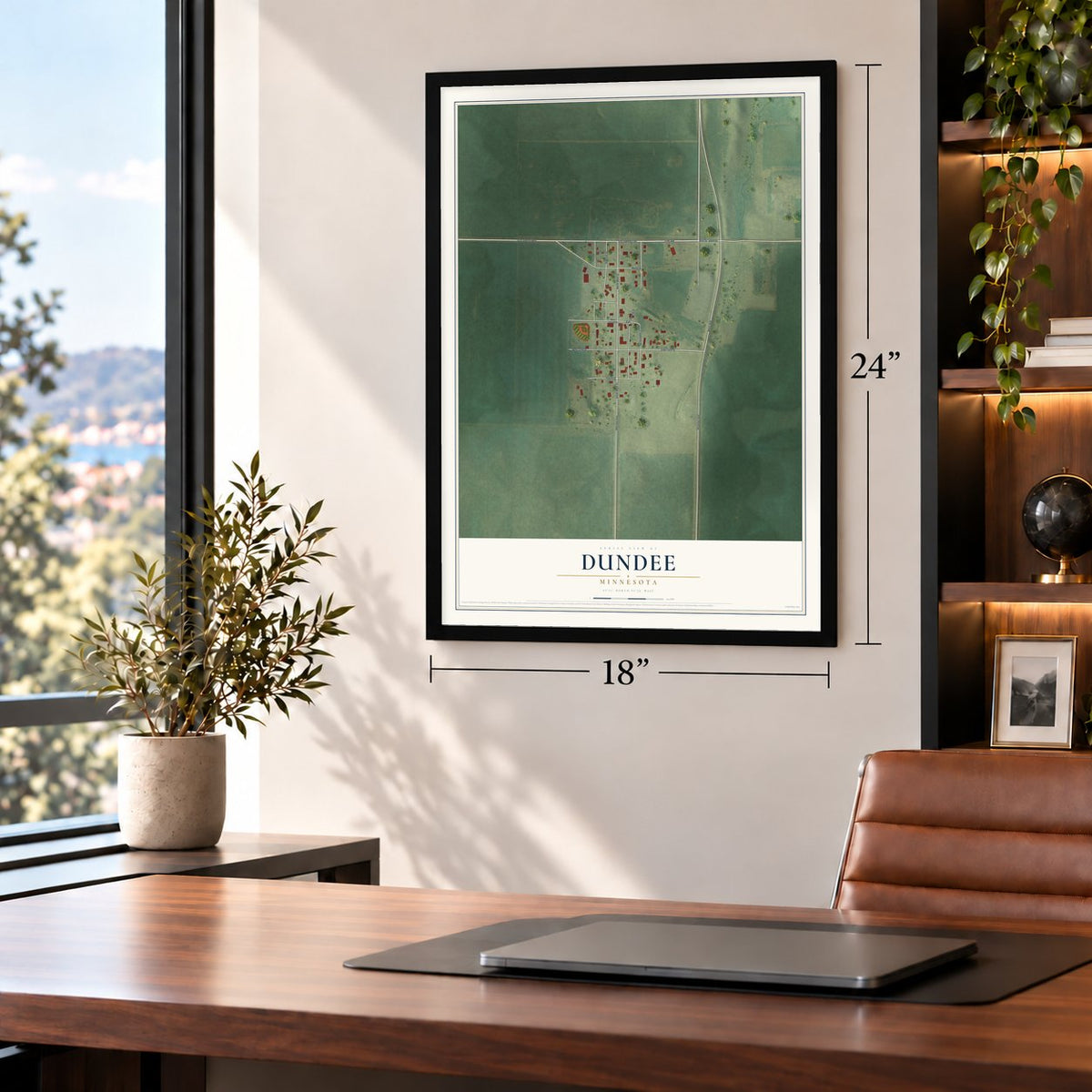 Dundee, Minnesota map, 18 x 24 inch print in a black frame in a home office