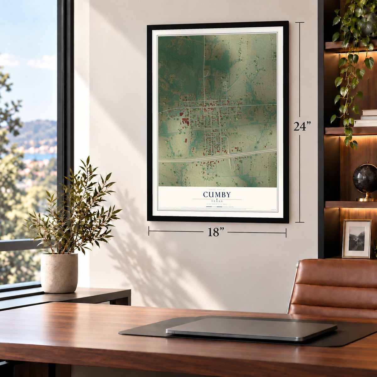 Cumby, Texas map, 18 x 24 inch print in a black frame in a home office
