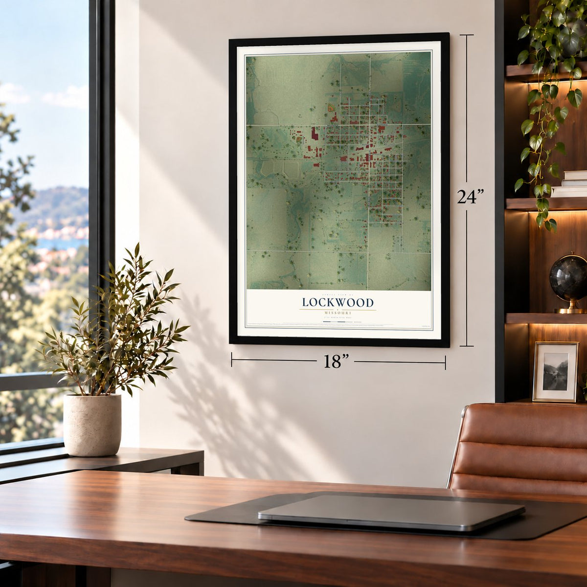 Lockwood, Missouri map, 18 x 24 inch print in a black frame in a home office