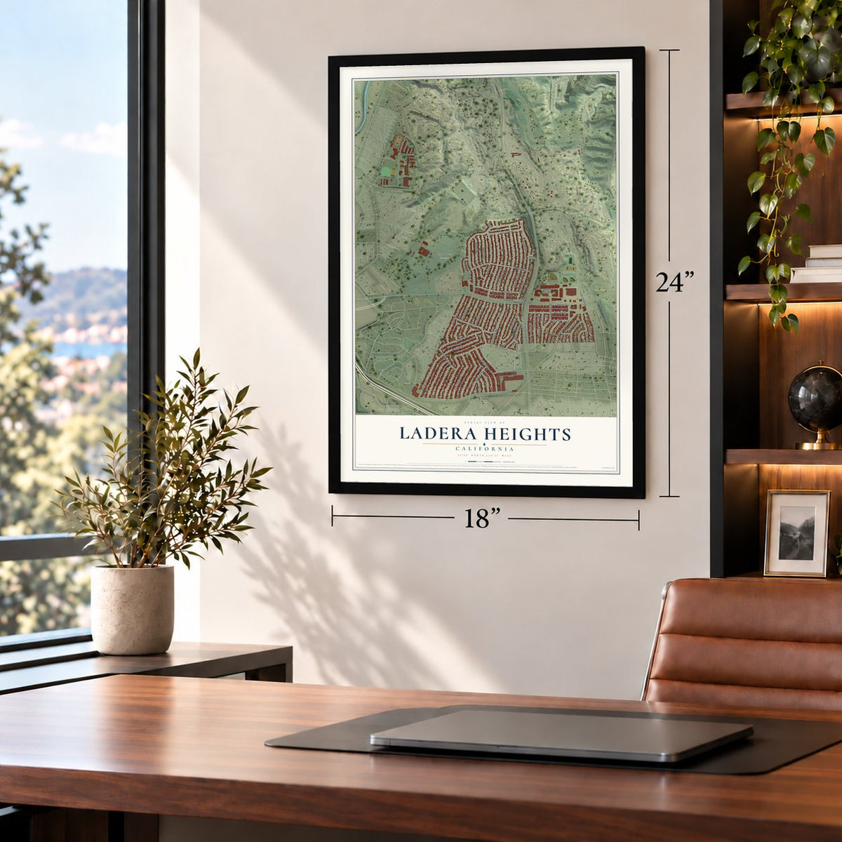 Ladera Heights, California map, 18 x 24 inch print in a black frame in a home office