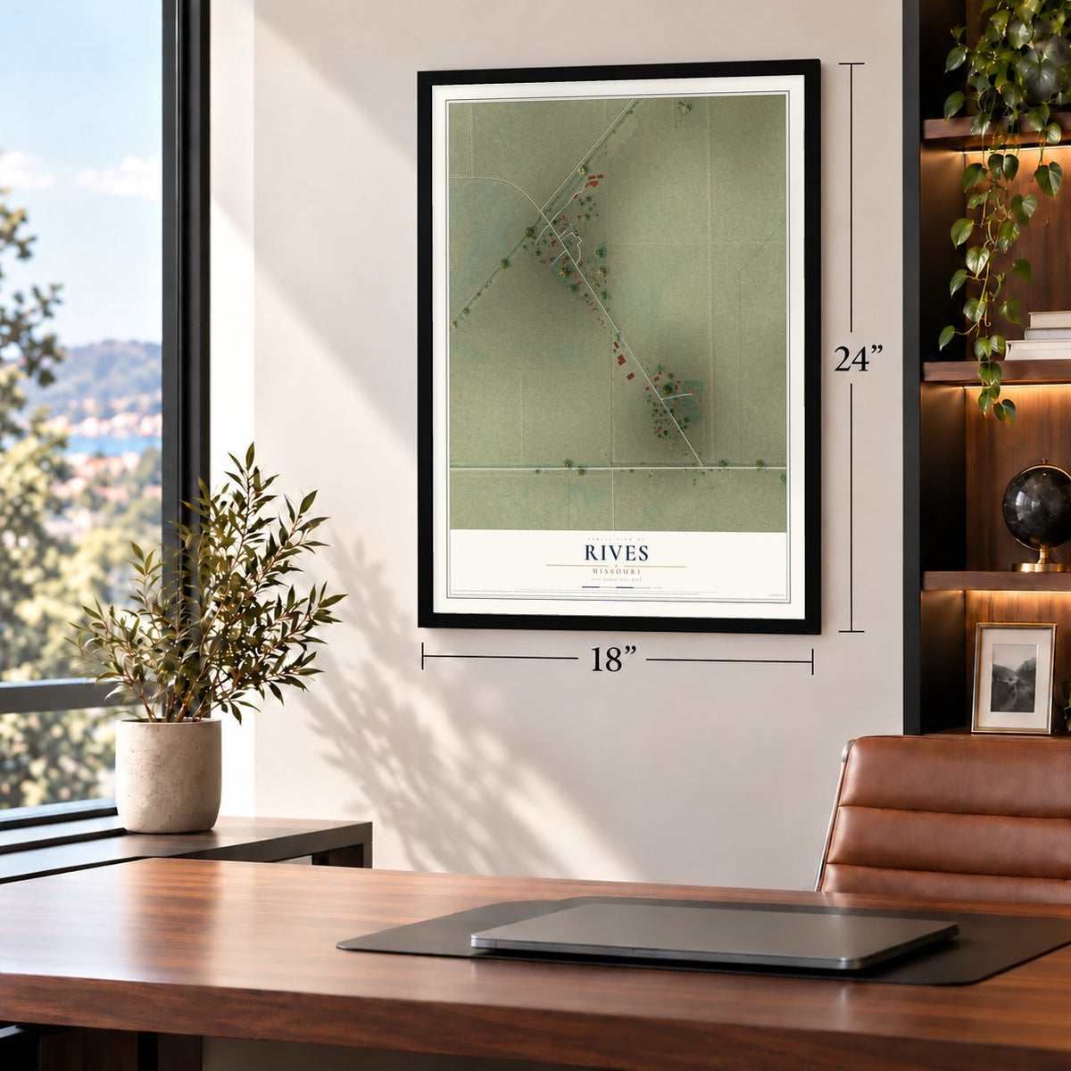 Rives, Missouri map, 18 x 24 inch print in a black frame in a home office