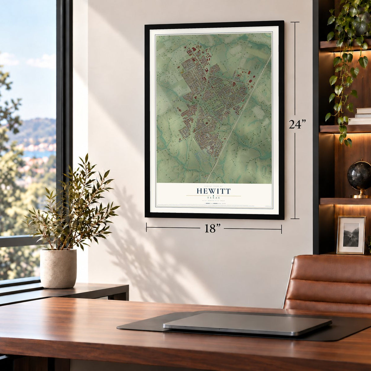 Hewitt, Texas map, 18 x 24 inch print in a black frame in a home office