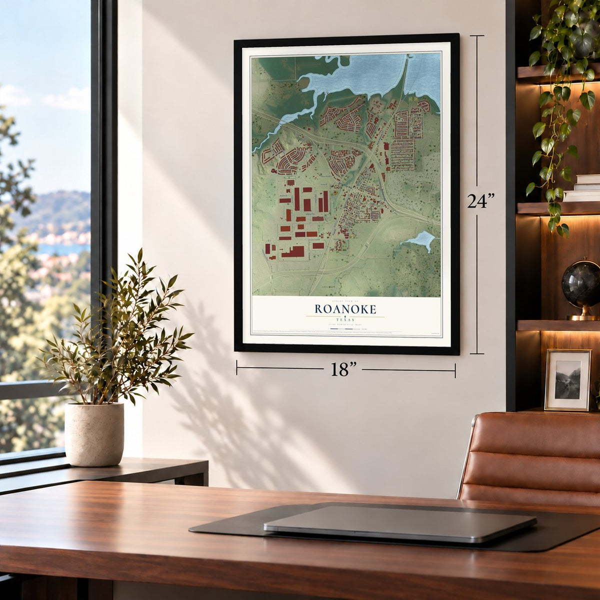 Roanoke, Texas map, 18 x 24 inch print in a black frame in a home office